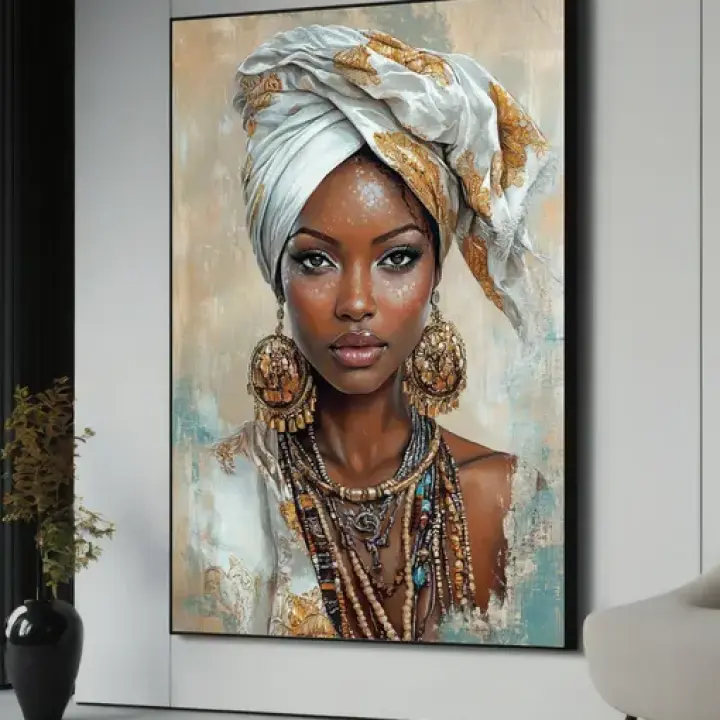 Elegante Afrikaanse vrouw canvas schilderij | Afrocentrische tribal tulband portret kunst aan de muur decor | Cadeau in bohostijl voor elke kamer