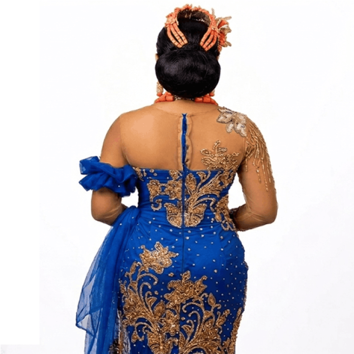 African couple traditional wedding outfit, royal blue George dress, luxury George dress, lace style, luxury outfit, Igbo bridal wear